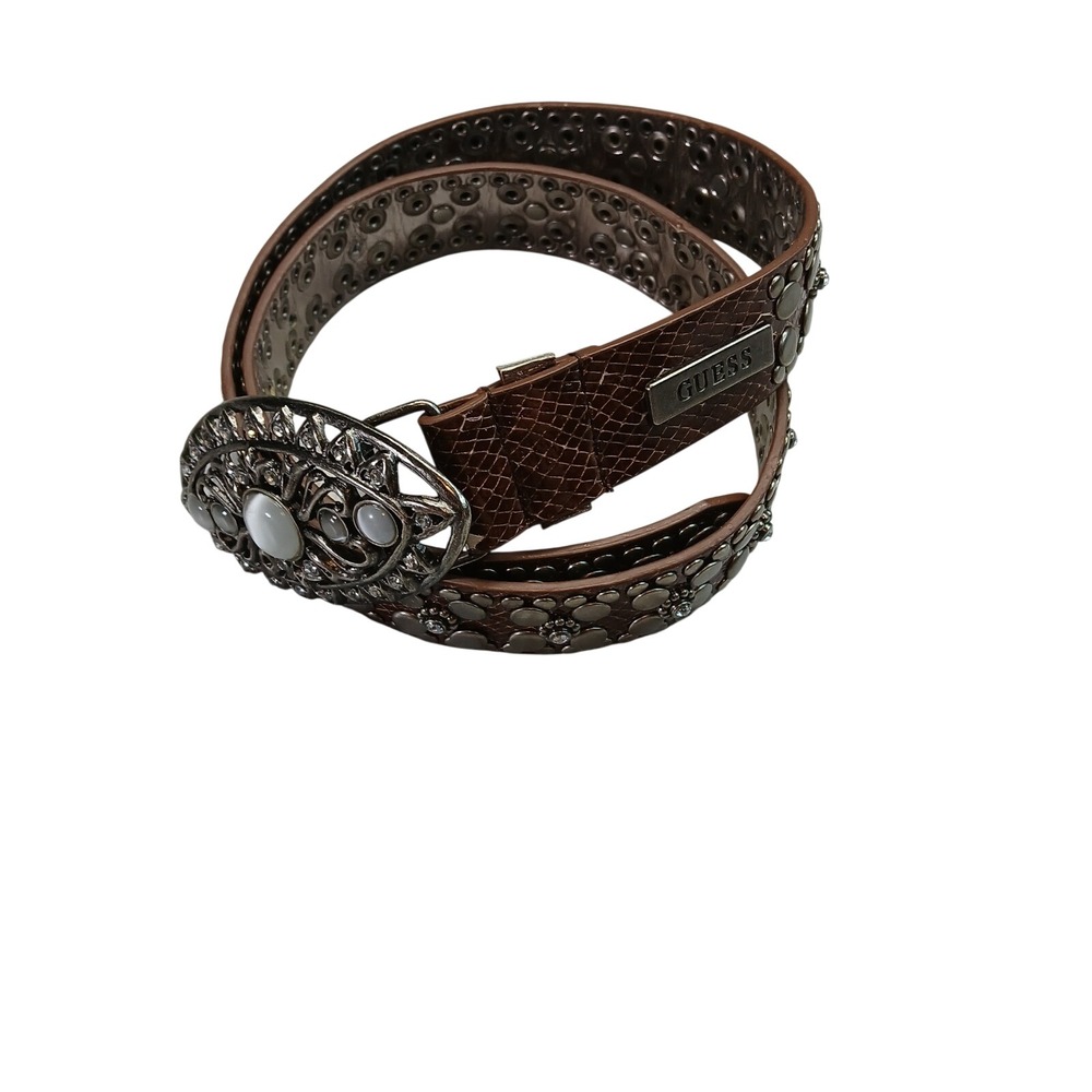 GUESS Brown Faux Snakeskin Studded Rhinestone Belt Ornate Buckle 910013 Size M